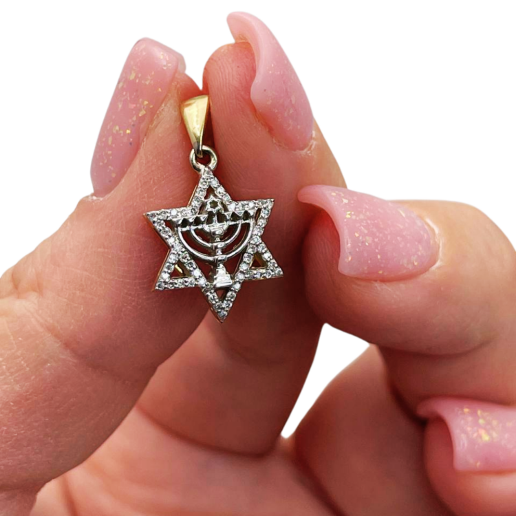 Diamond Star of David Menorah Pendant in 14K Two Tone Gold