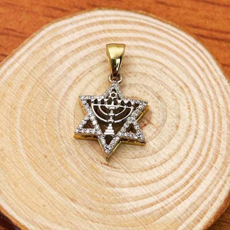 Diamond Star of David Menorah Pendant in 14K Two Tone Gold