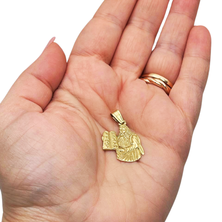 Moses with Ten Commandments Judaica Pendant in 14K Gold