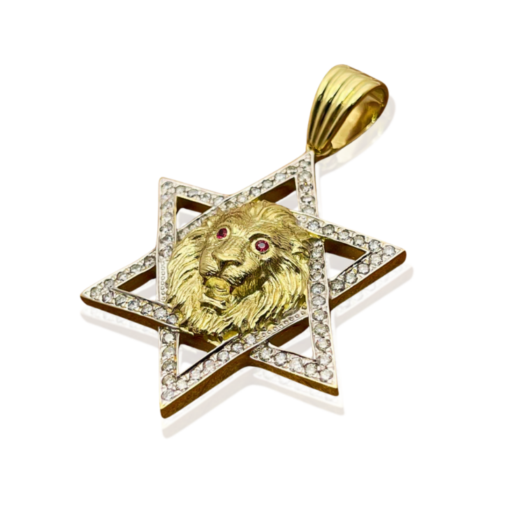 Star of David with Lion of Judah Pendant in 14K Gold with Diamonds & Rubies