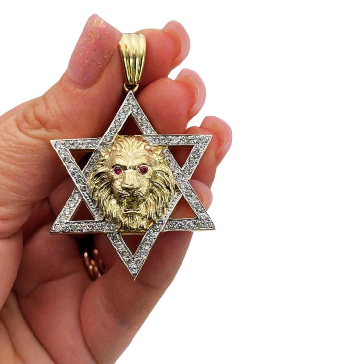 Star of David with Lion of Judah Pendant in 14K Gold with Diamonds & Rubies