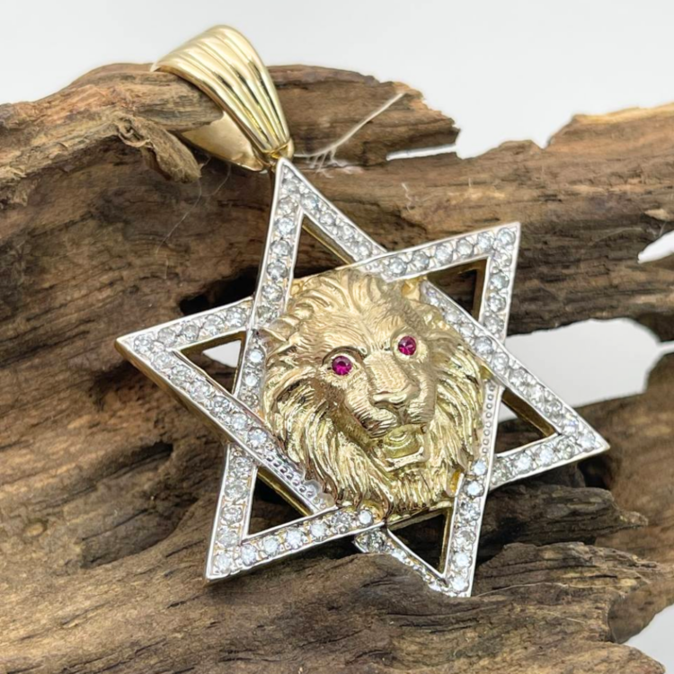 Star of David with Lion of Judah Pendant in 14K Gold with Diamonds & Rubies