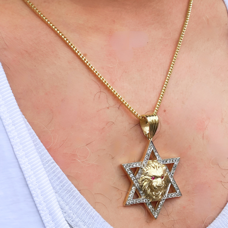 Star of David with Lion of Judah Pendant in 14K Gold with Diamonds & Rubies