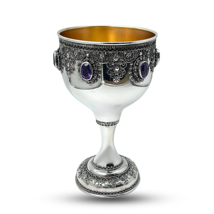 Amethyst Kiddush Cup Set in Sterling Silver with Filigree Yemenite Art