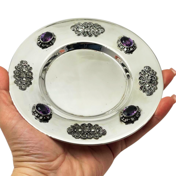 Amethyst Kiddush Cup Set in Sterling Silver with Filigree Yemenite Art