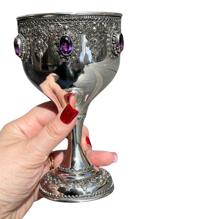 Amethyst Kiddush Cup Set in Sterling Silver with Filigree Yemenite Art