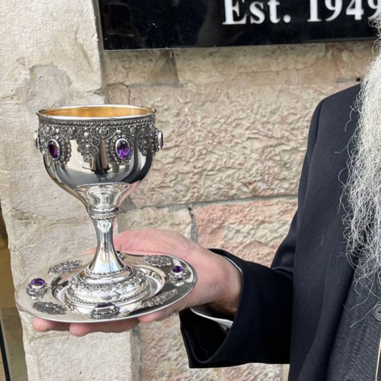 Amethyst Kiddush Cup Set in Sterling Silver with Filigree Yemenite Art