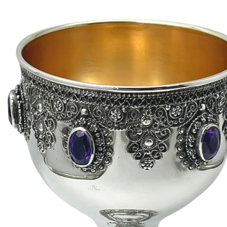 Amethyst Kiddush Cup Set in Sterling Silver with Filigree Yemenite Art