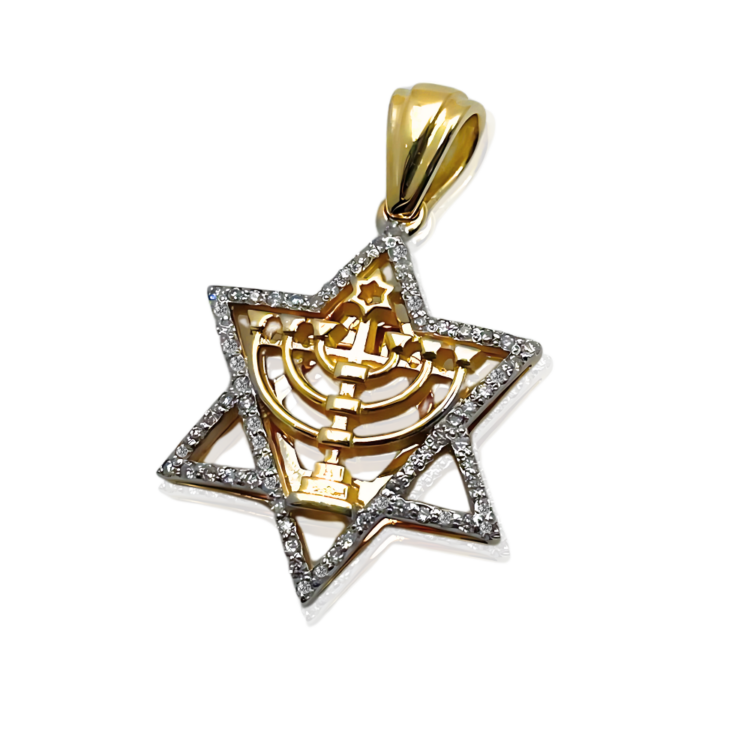 Diamond Studded Star of David Menorah Pendant in 14K Two Tone Gold - Large