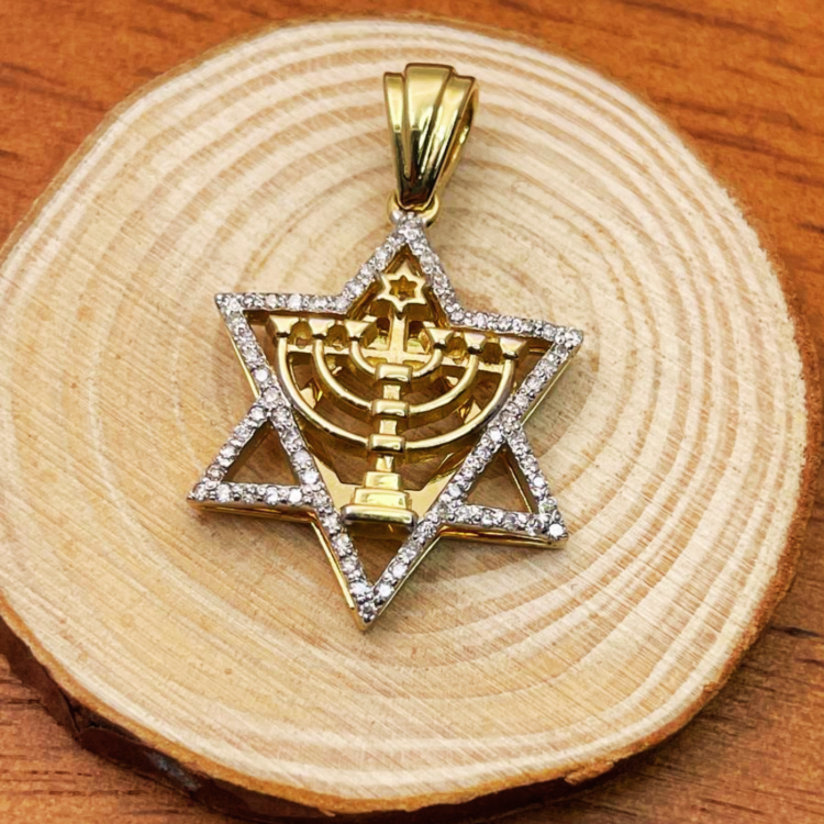 Diamond Studded Star of David Menorah Pendant in 14K Two Tone Gold - Large