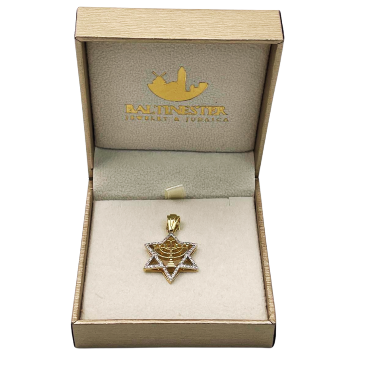 Diamond Studded Star of David Menorah Pendant in 14K Two Tone Gold - Large