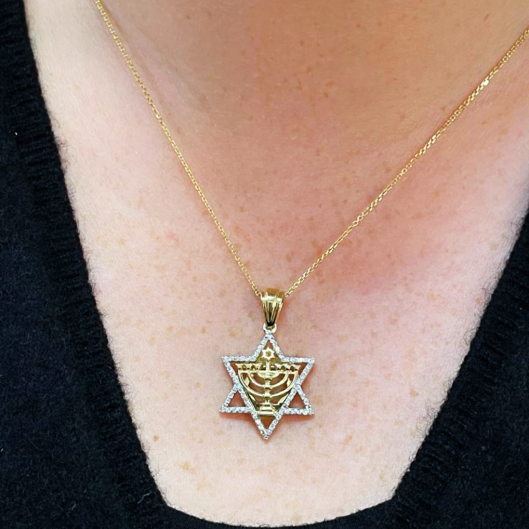 Diamond Studded Star of David Menorah Pendant in 14K Two Tone Gold - Large