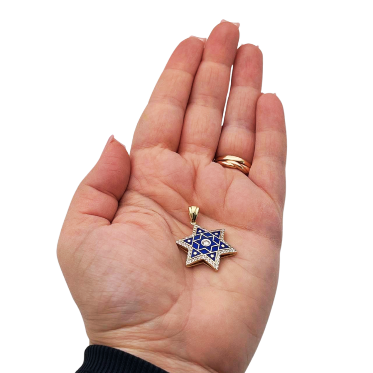 Diamond Star of David Pendant in 14K Yellow & White Gold with Blue Enamel - 1.2" Size