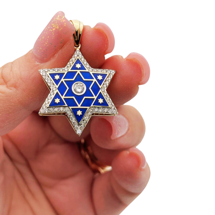 Diamond Star of David Pendant in 14K Yellow & White Gold with Blue Enamel - 1.2" Size