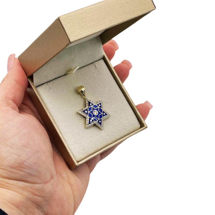 Diamond Star of David Pendant in 14K Yellow & White Gold with Blue Enamel - 1.2" Size