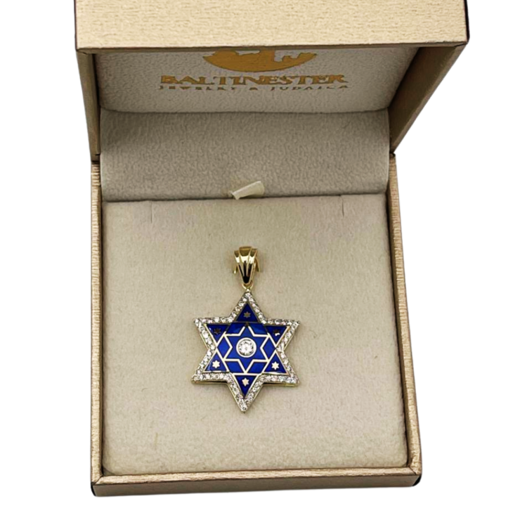 Diamond Star of David Pendant in 14K Yellow & White Gold with Blue Enamel - 1.2" Size