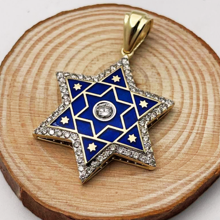 Diamond Star of David Pendant in 14K Yellow & White Gold with Blue Enamel - 1.2" Size