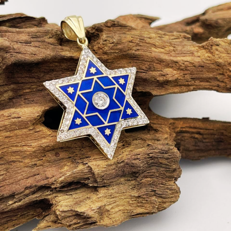 Diamond Star of David Pendant in 14K Yellow & White Gold with Blue Enamel - 1.2" Size