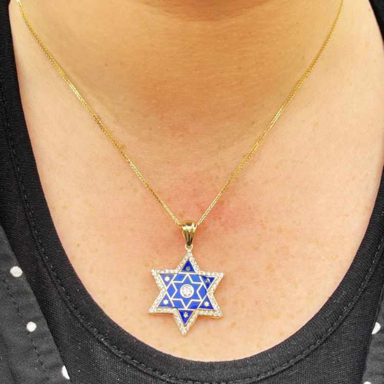 Diamond Star of David Pendant in 14K Yellow & White Gold with Blue Enamel - 1.2" Size