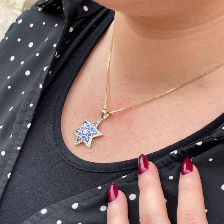 Diamond Star of David Pendant in 14K Yellow & White Gold with Blue Enamel - 1.2" Size