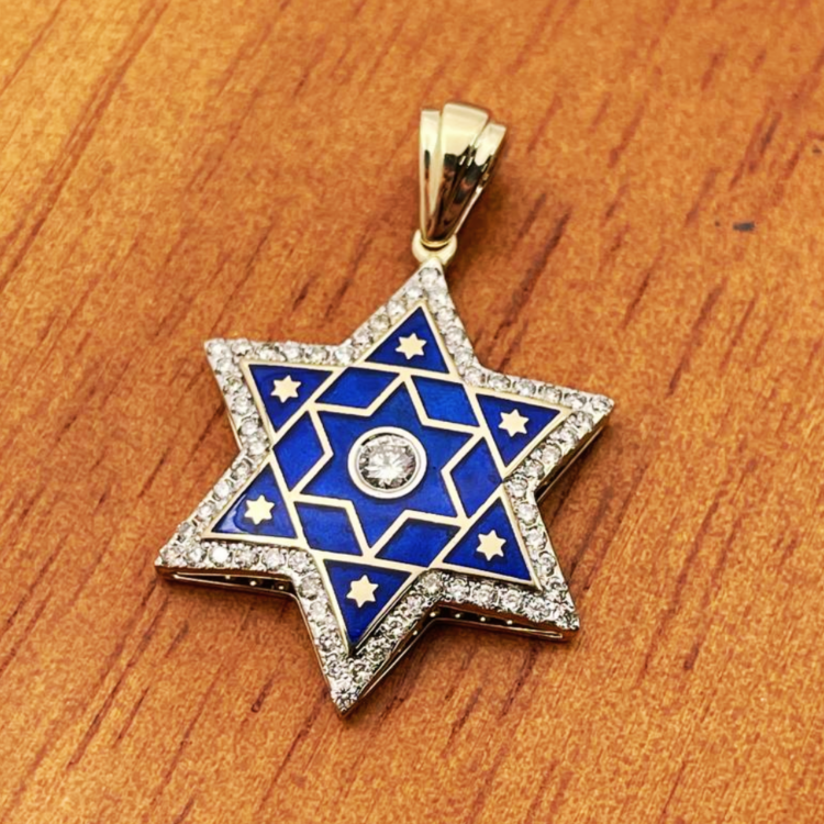 Diamond Star of David Pendant in 14K Yellow & White Gold with Blue Enamel - 1.2" Size