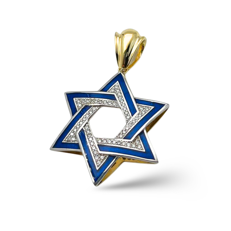 Diamond Star of David Geometric Pendant in 14K Gold with Blue Enamel - 1.38" Size