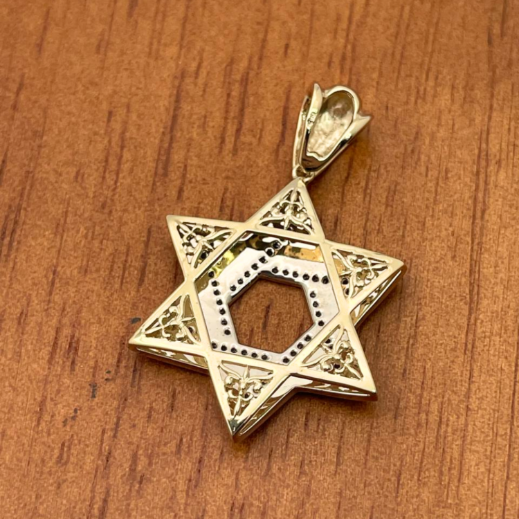 Diamond Star of David Geometric Pendant in 14K Gold with Blue Enamel - 1.38" Size