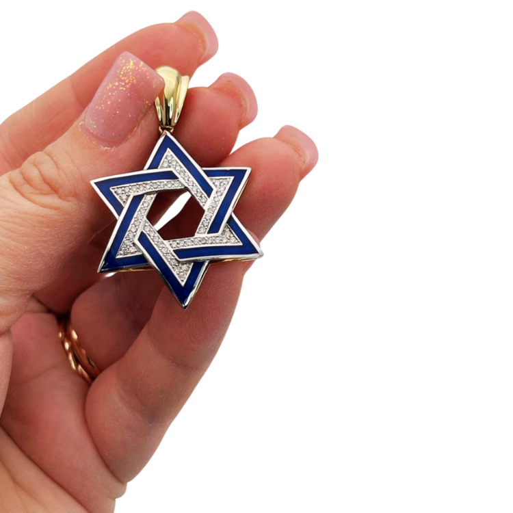 Diamond Star of David Geometric Pendant in 14K Gold with Blue Enamel - 1.38" Size