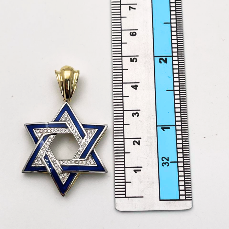 Diamond Star of David Geometric Pendant in 14K Gold with Blue Enamel - 1.38" Size