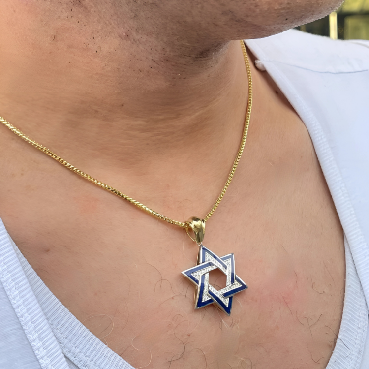 Diamond Star of David Geometric Pendant in 14K Gold with Blue Enamel - 1.38" Size