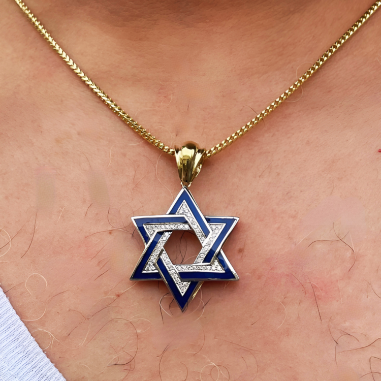 Diamond Star of David Geometric Pendant in 14K Gold with Blue Enamel - 1.38" Size