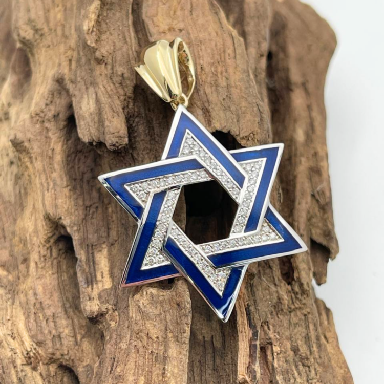 Diamond Star of David Geometric Pendant in 14K Gold with Blue Enamel - 1.38" Size