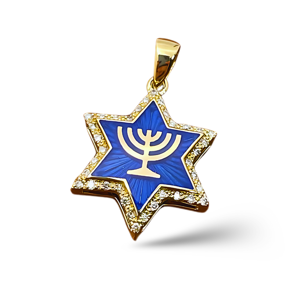 Diamond Star of David Menorah Pendant in 14K Gold and Blue Enamel