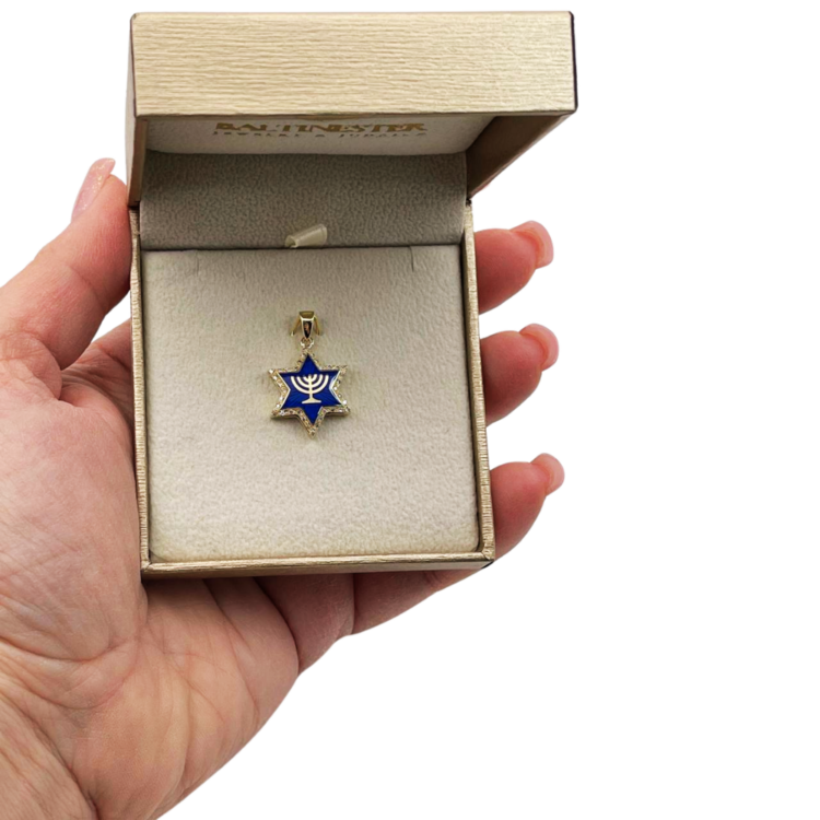 Diamond Star of David Menorah Pendant in 14K Gold and Blue Enamel