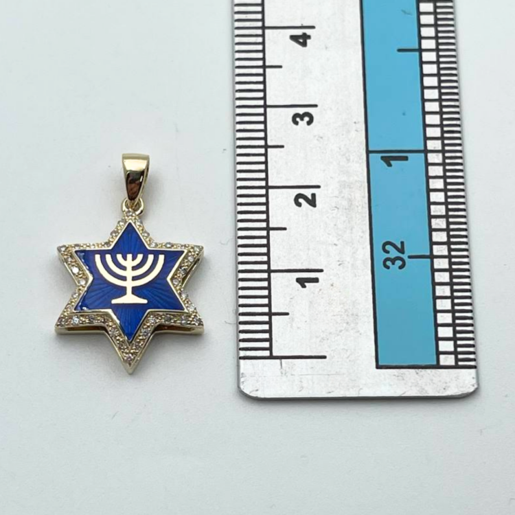 Diamond Star of David Menorah Pendant in 14K Gold and Blue Enamel