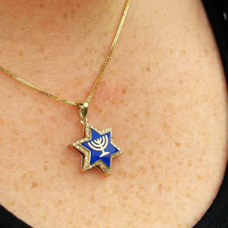 Diamond Star of David Menorah Pendant in 14K Gold and Blue Enamel