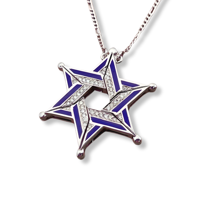 Expandable Star of David Butterfly Necklace in 14k Gold, Diamonds and Blue Enamel