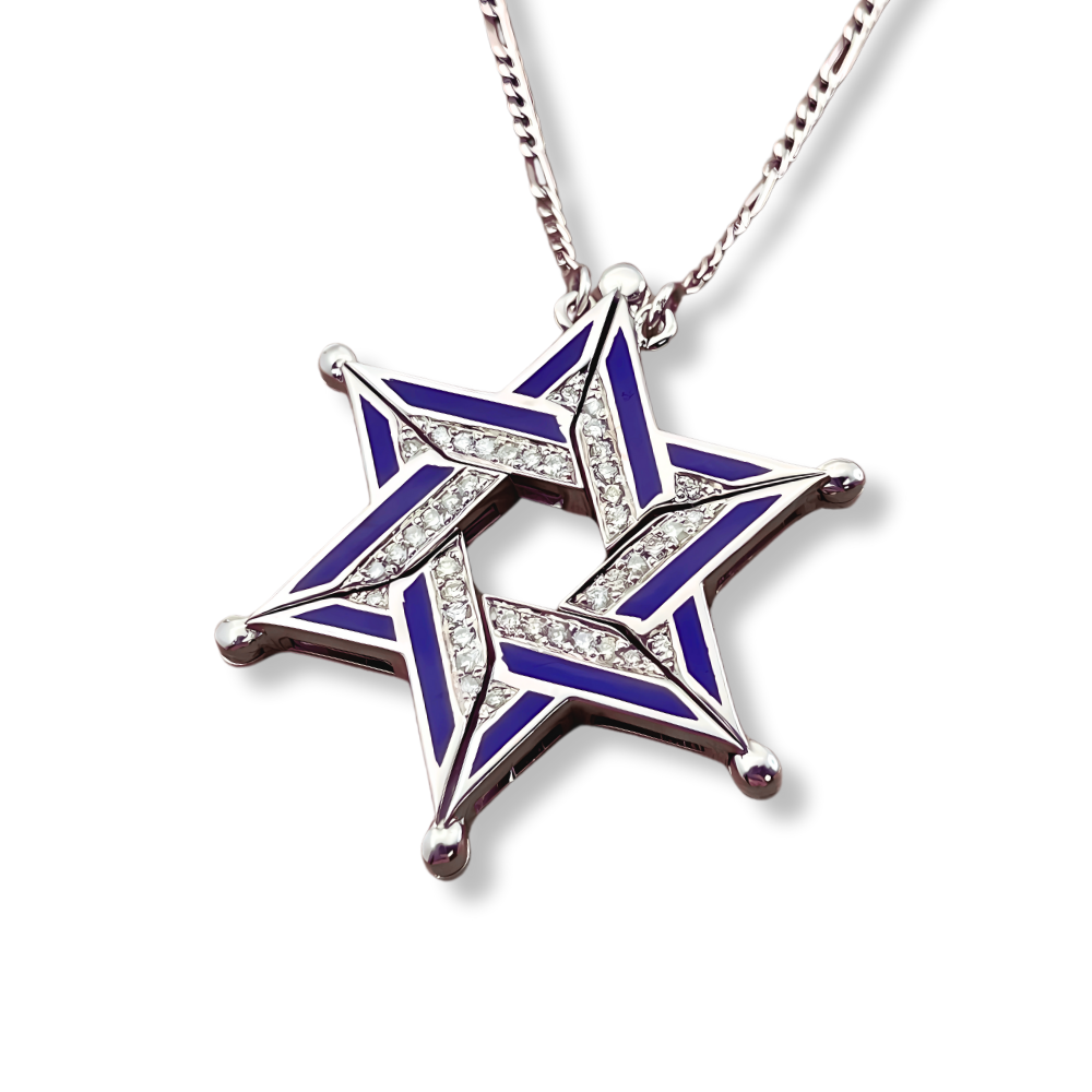 Expandable Star of David Butterfly Necklace in 14k Gold, Diamonds and Blue Enamel