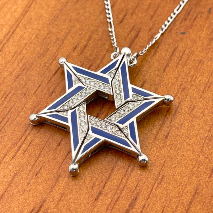 Expandable Star of David Butterfly Necklace in 14k Gold, Diamonds and Blue Enamel