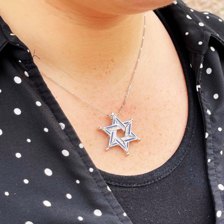 Expandable Star of David Butterfly Necklace in 14k Gold, Diamonds and Blue Enamel