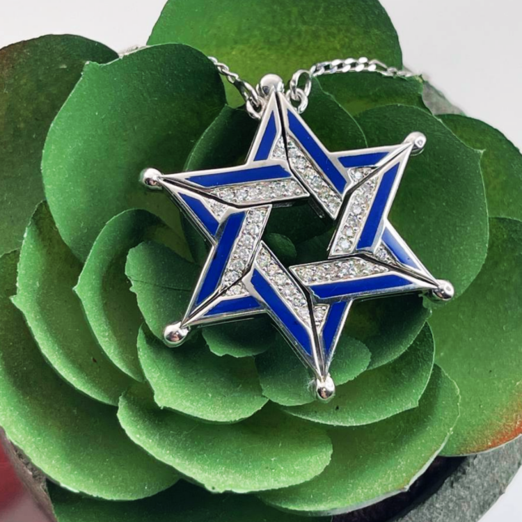 Expandable Star of David Butterfly Necklace in 14k Gold, Diamonds and Blue Enamel