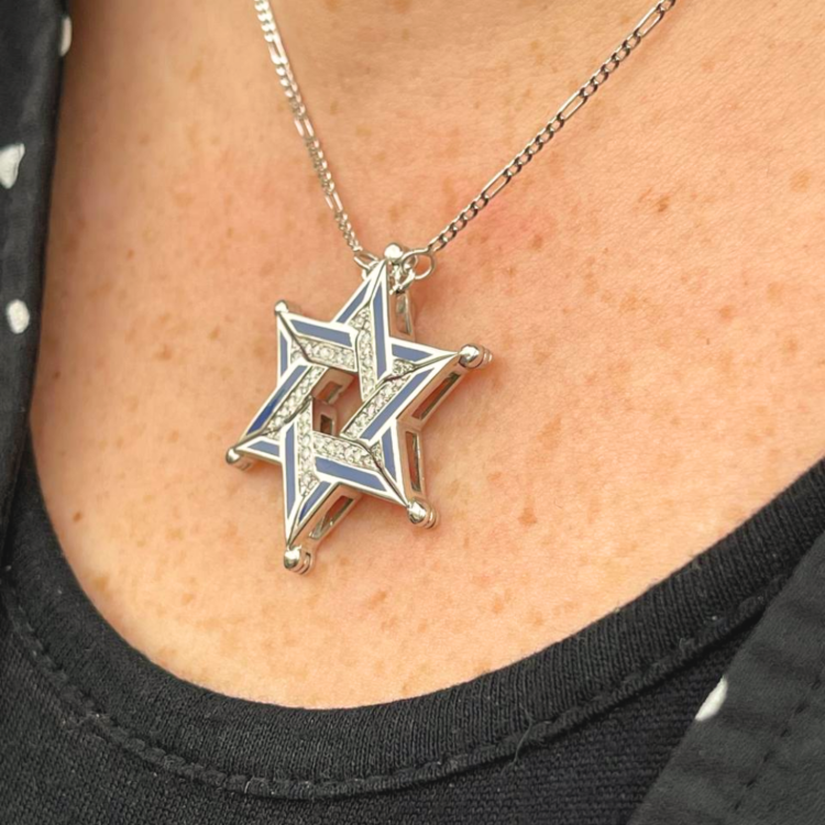 Expandable Star of David Butterfly Necklace in 14k Gold, Diamonds and Blue Enamel