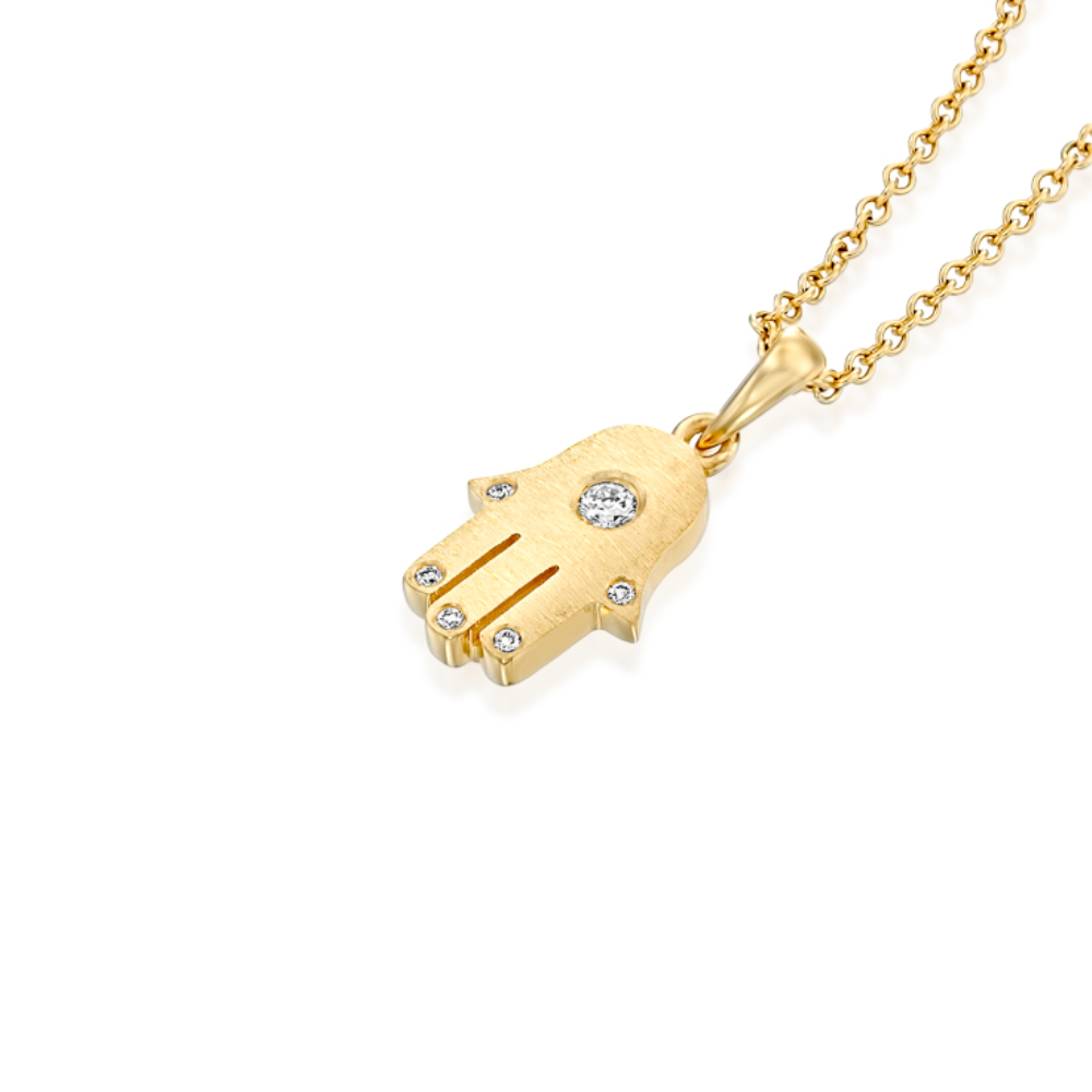 Diamond Hamsa Pendant in 18k Brushed Gold