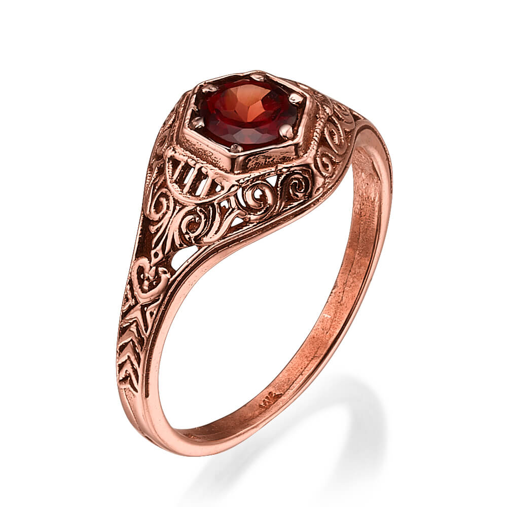 Vintage Style Ornate Rose Gold Garnet Solitaire Ring