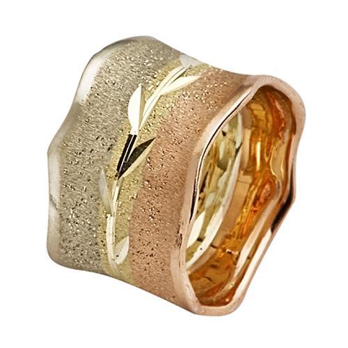 Tri-Color Gold Wide Leaf Wedding Ring - Baltinester Jewelry