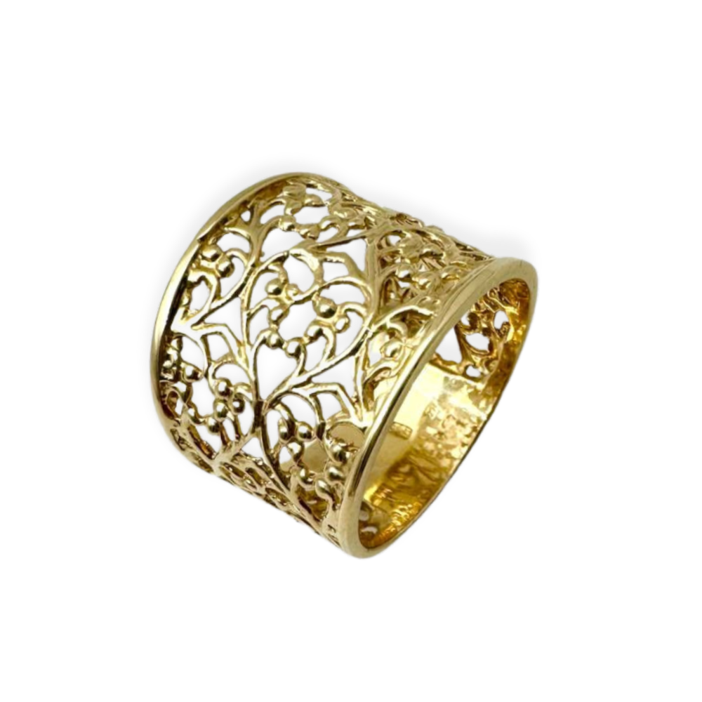 14k Yellow Gold Wide Filigree Ring