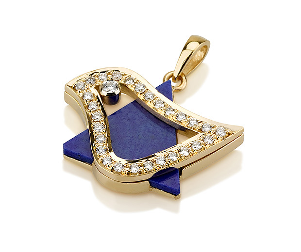 18K Gold Diamond Lapiz Lazuli Dove of Peace Star of David Pendant