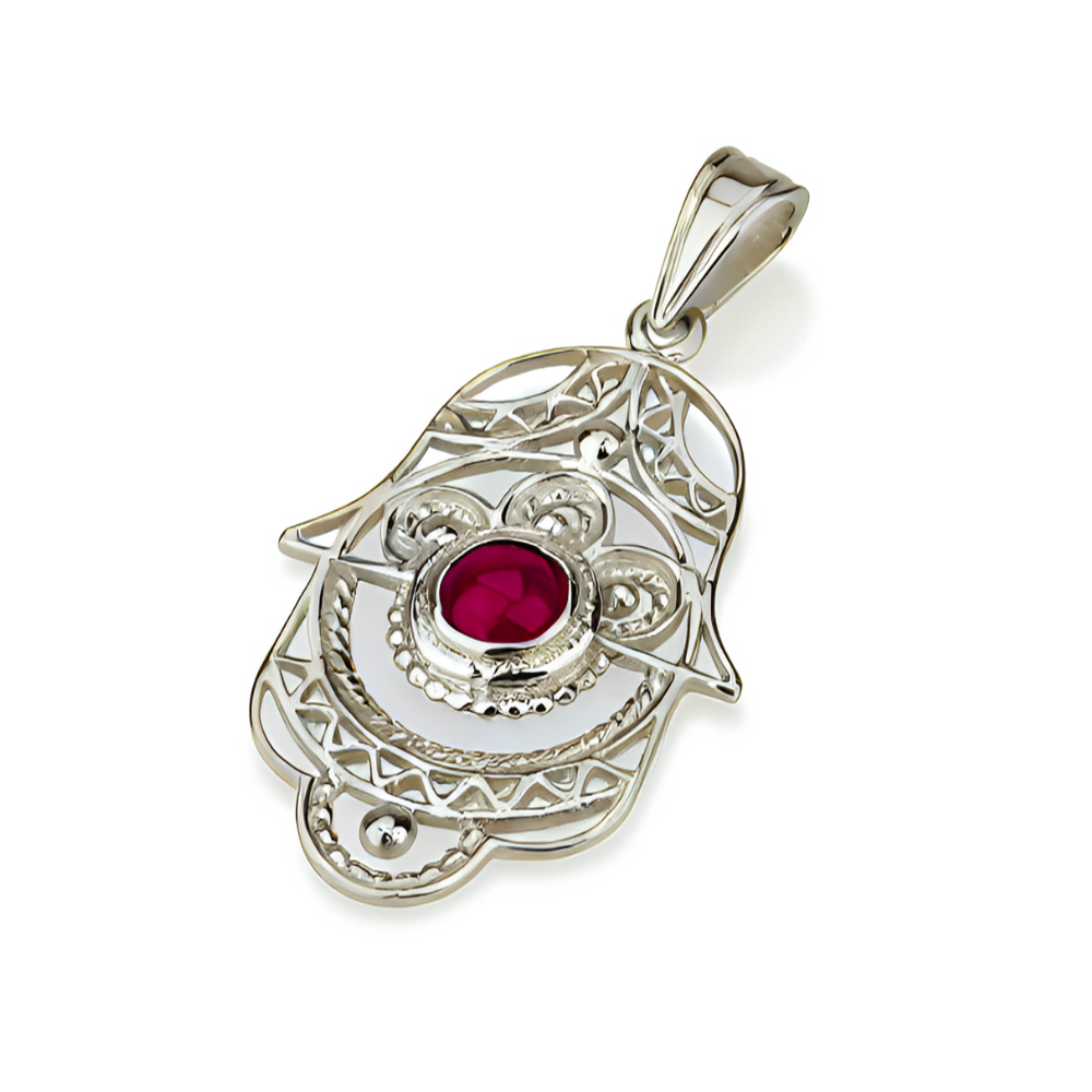 Ruby Filigree Hamsa Pendant 14k Gold