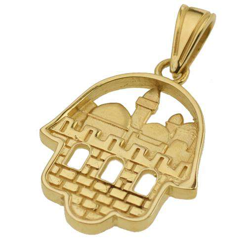 14K Gold 3D Jerusalem Hamsa Pendant - Yellow Gold - Baltinester Jewelry