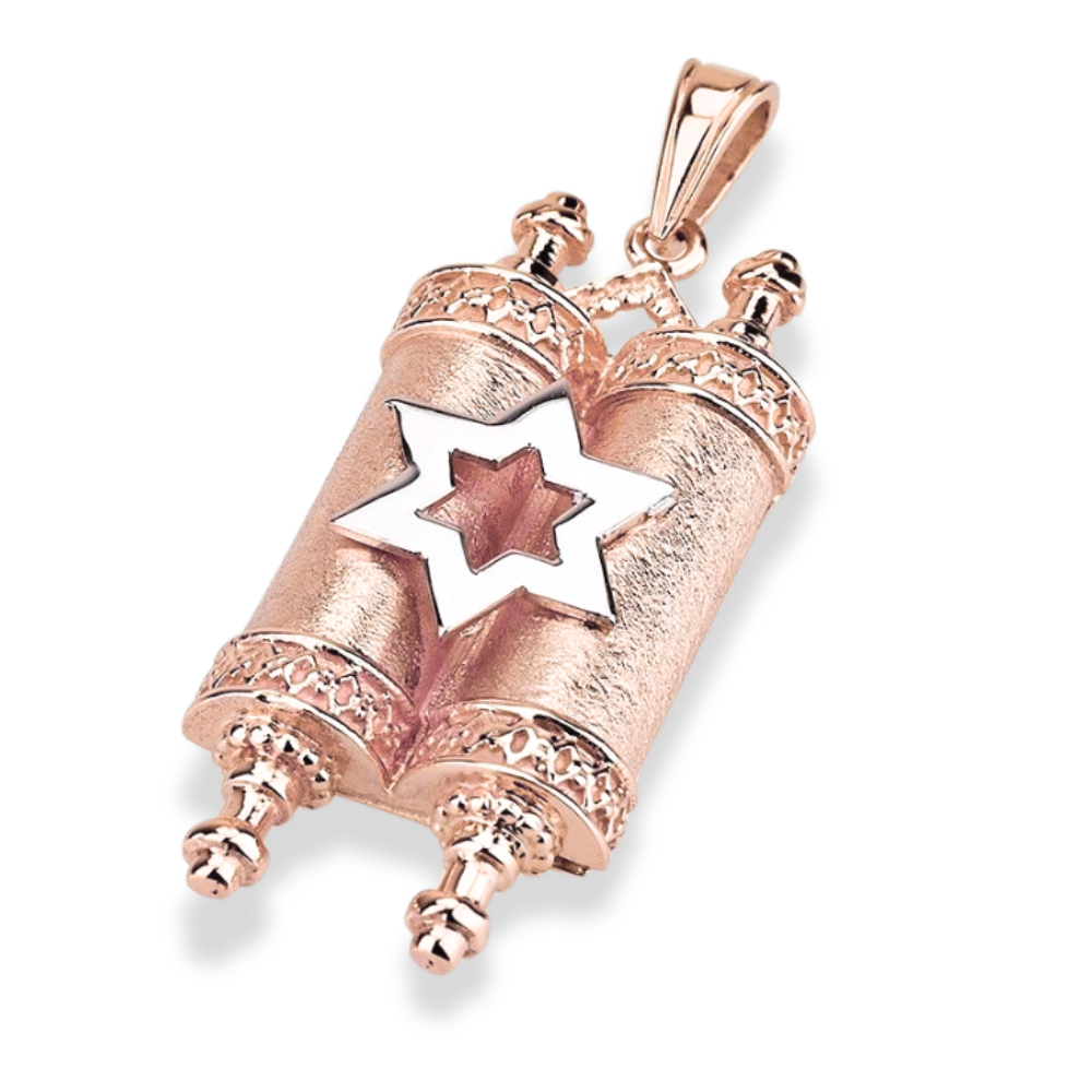 Star of David on Torah Scroll Pendant in 14K Gold